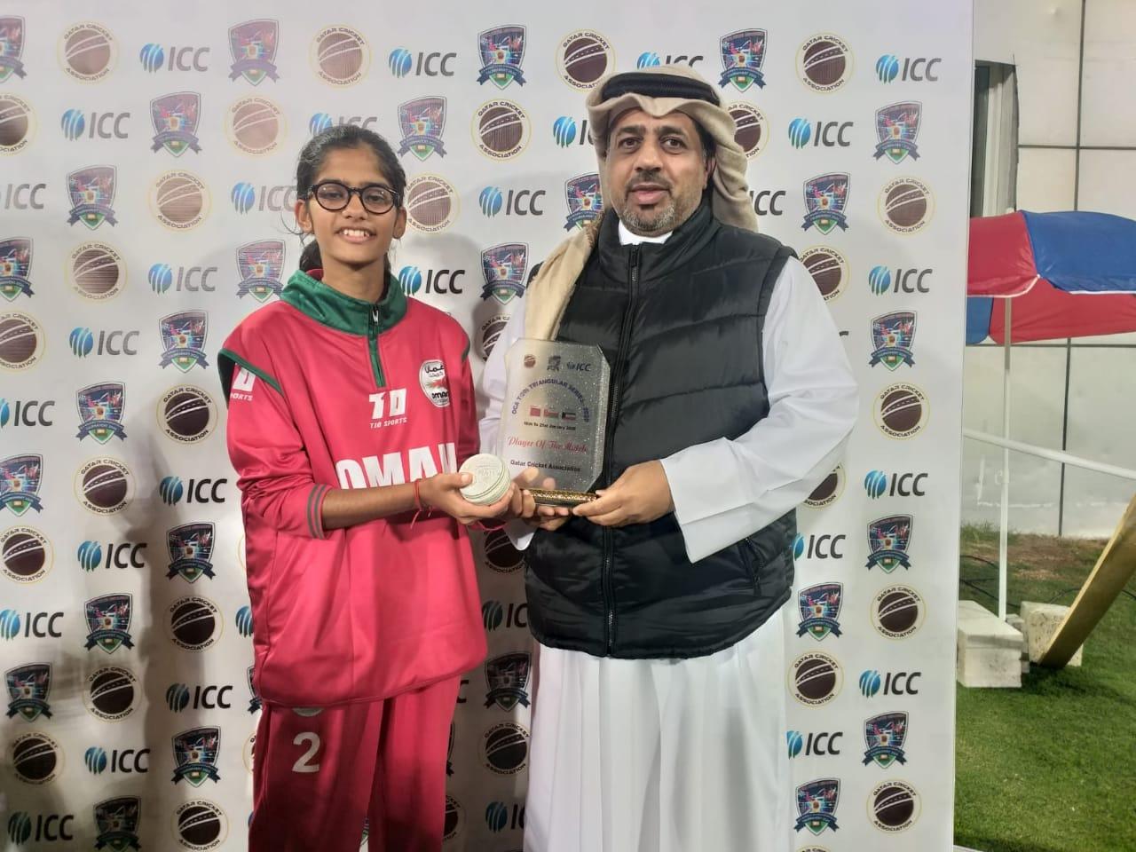 Oman's Anshita Tiwari receiving player of the match award against Kuwait