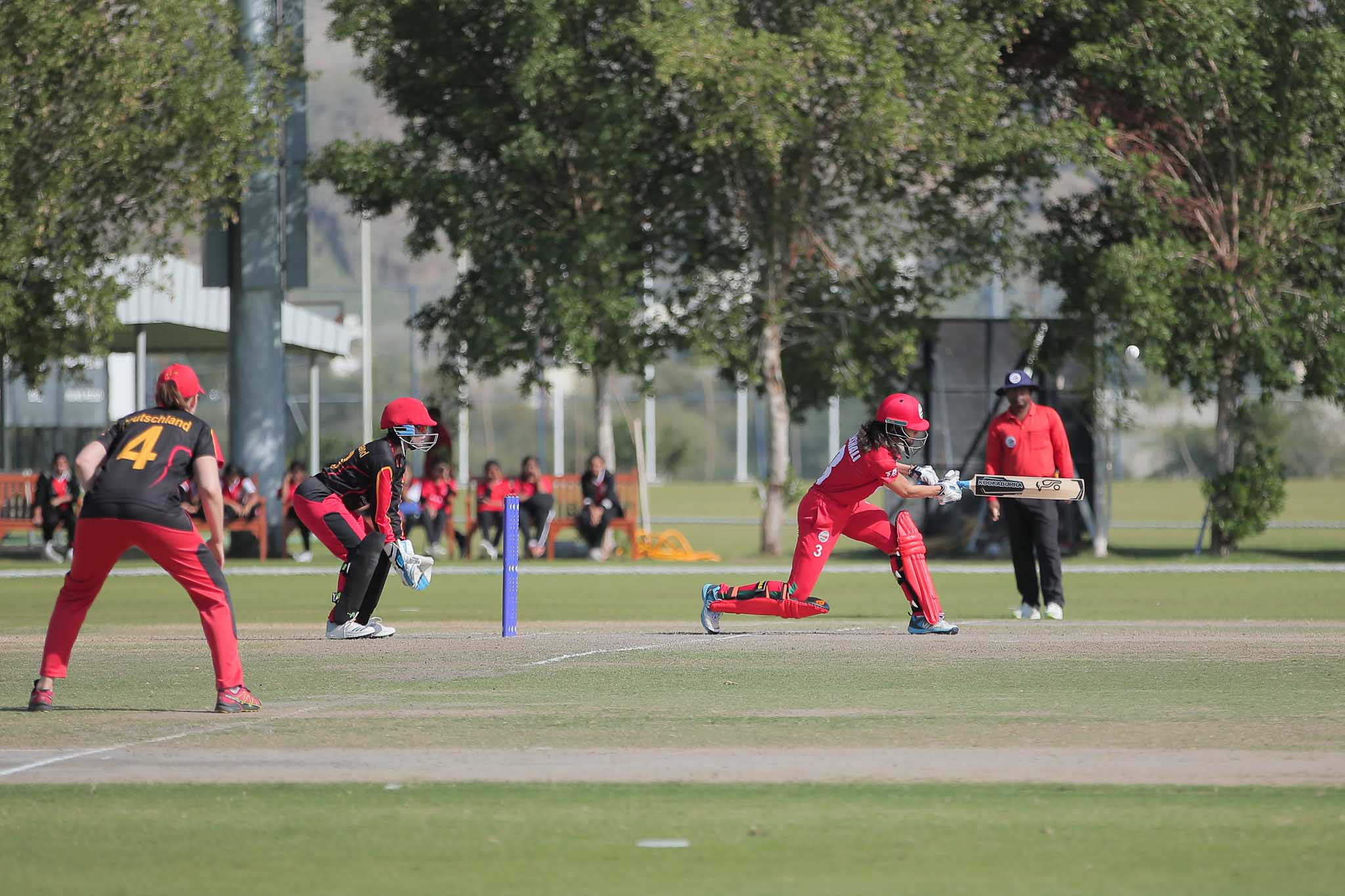 Oman captain Vaishali Jesrani hitting the winning run