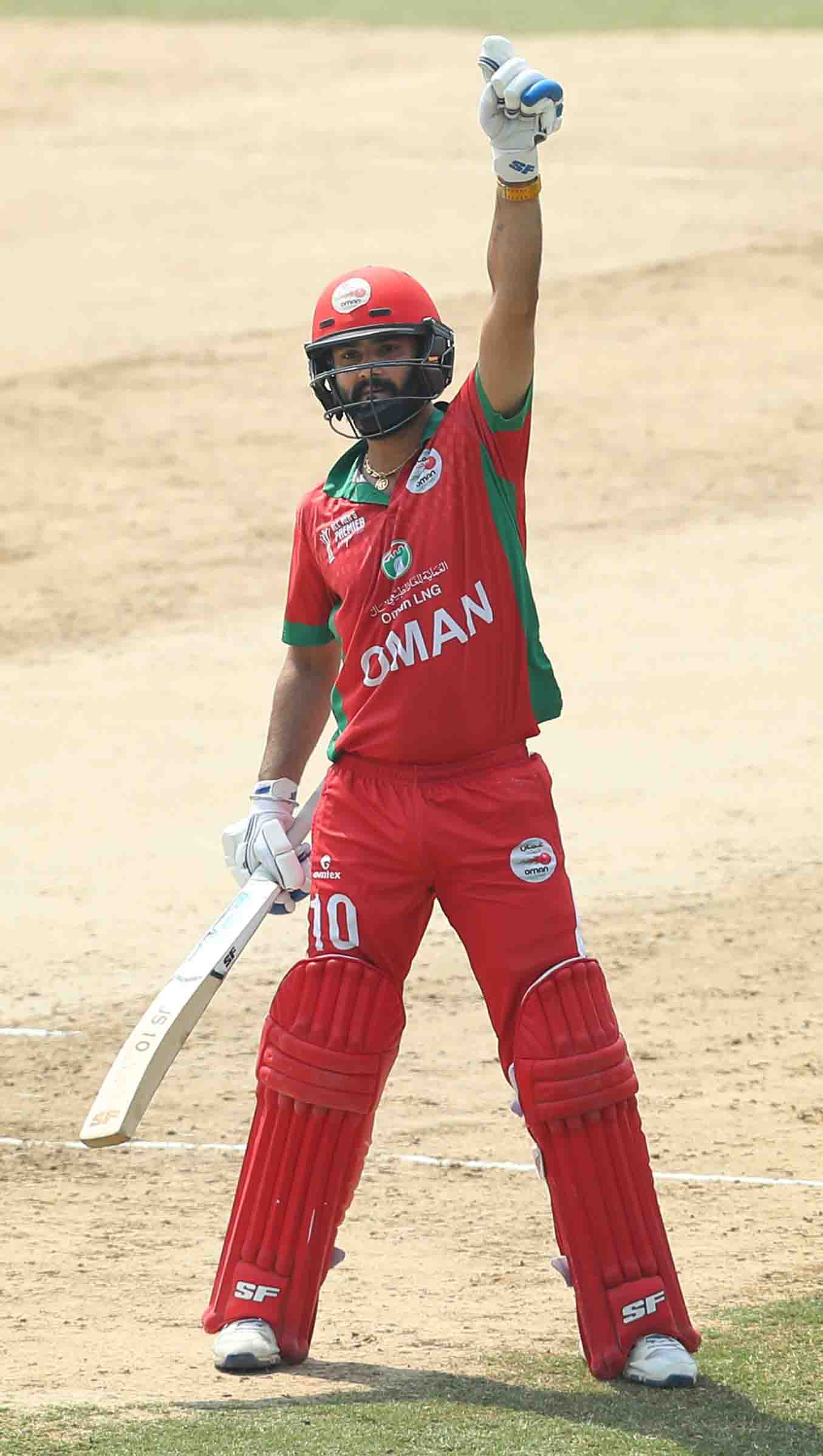 Jatinder Singh of Oman celebrates after scoring a fifty during the ACC Men’s Premier Cup 2023 Group A match between Oman and Saudi Arabia held at the Tribhuvan University International Cricket Ground in Kathmandu on the 26th April 2023 Photo by: Anshuman Akash/ Creimas / Asian Cricket Council