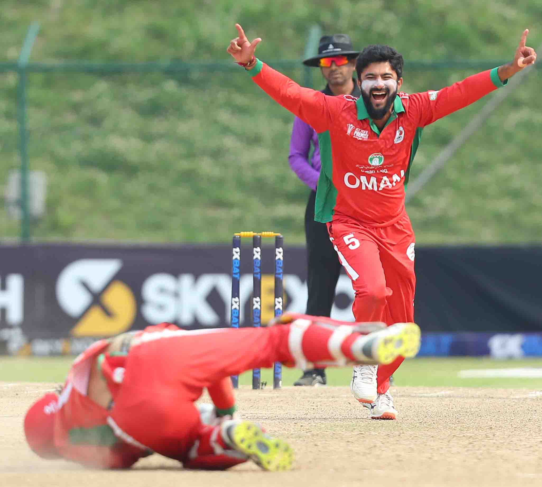 Jay Odedra of Oman celebrates the wicket of Abdul Waheed Abdul Ghaffar of Saudi Arabia during the ACC Men’s Premier Cup 2023 Group A match between Oman and Saudi Arabia held at the Tribhuvan University International Cricket Ground in Kathmandu on the 26th April 2023 Photo by: Anshuman Akash/ Creimas / Asian Cricket Council