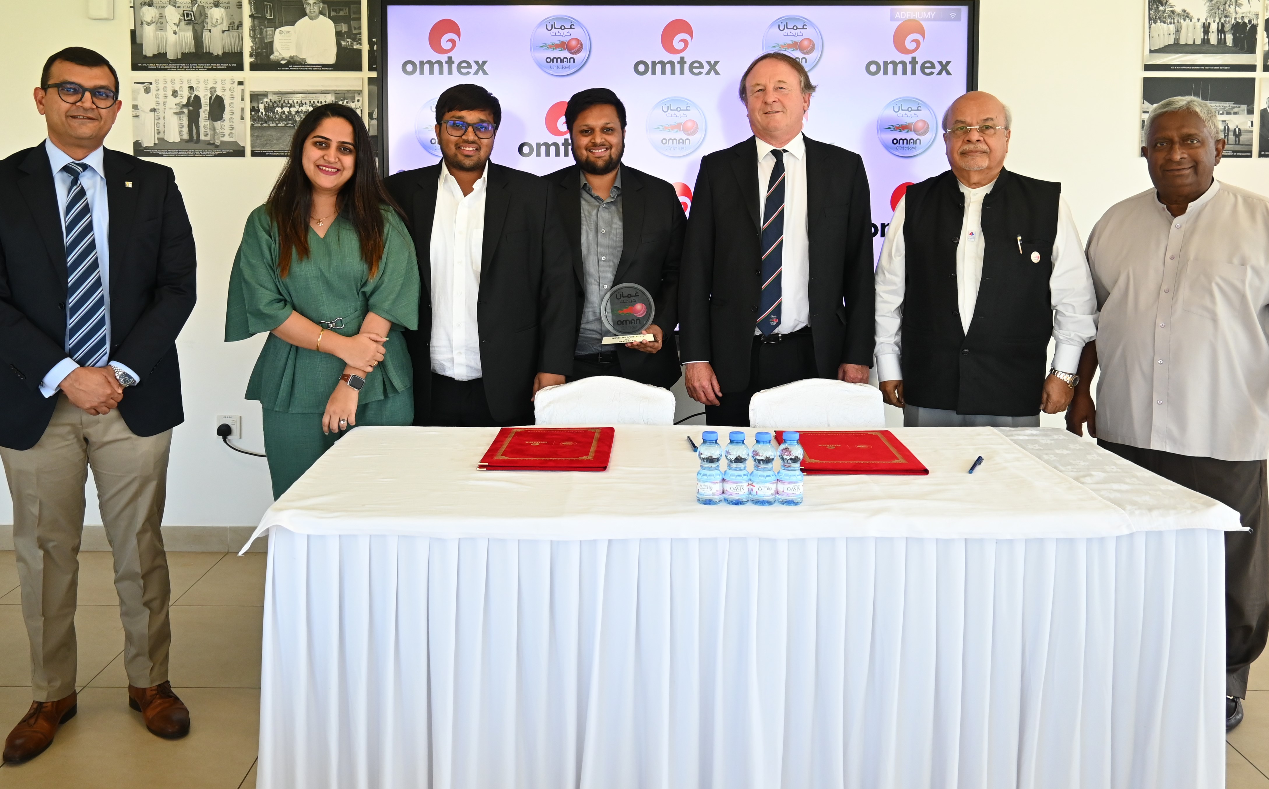 Oman Cricket and Omtex Officials (L-R) - Mr. Alkesh Joshi , Ms. Kruti Patel, Mr. Kunal Patel, Mr. Jugal Patel, Mr. Paul Sheridan, Mr. Kiran Asher and Mr. Duleep Mendis