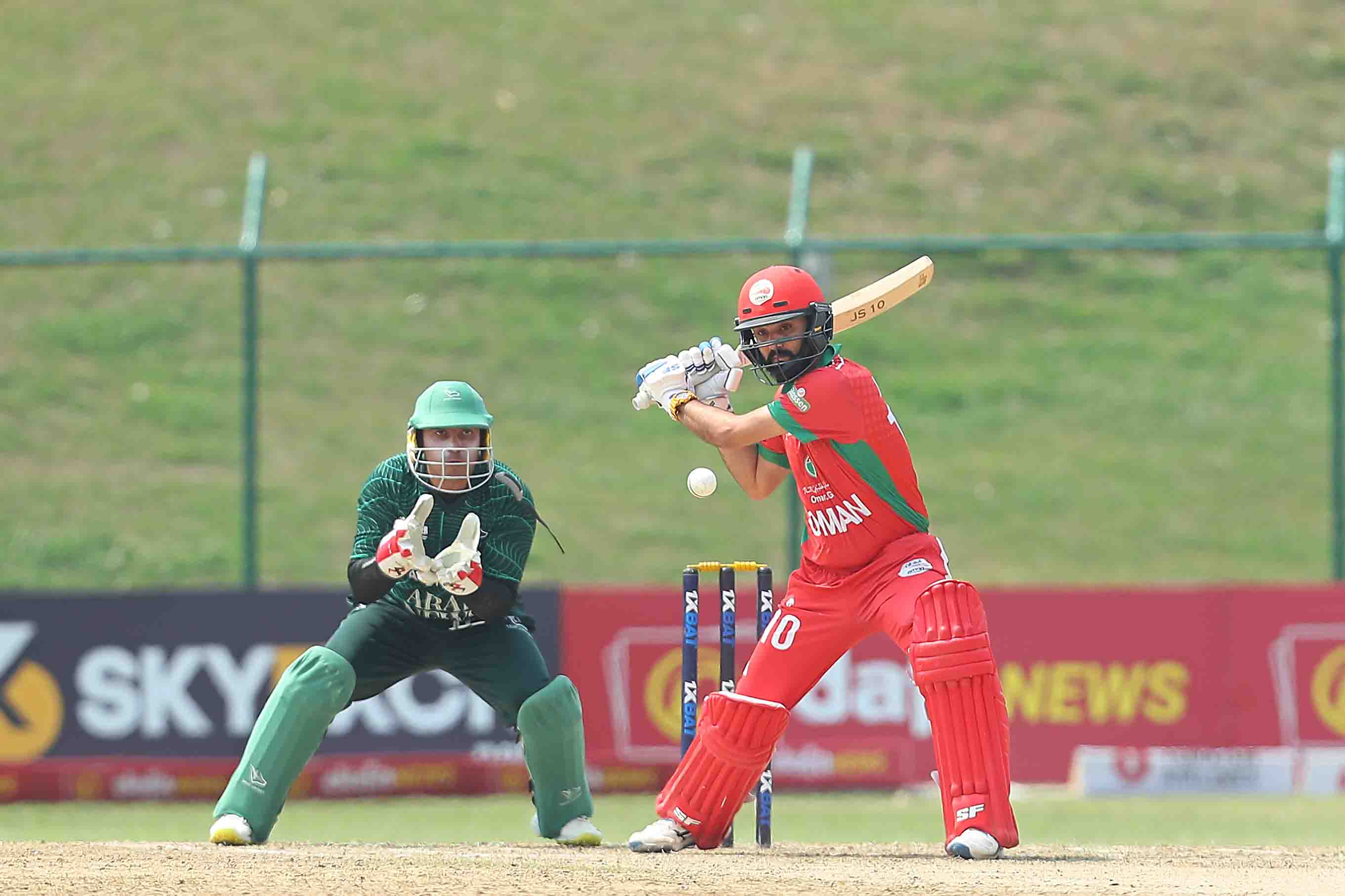 Jatinder Singh of Oman plays a shot during the ACC Men’s Premier Cup 2023 Group A match between Oman and Saudi Arabia held at the Tribhuvan University International Cricket Ground in Kathmandu on the 26th April 2023 Photo by: Anshuman Akash/ Creimas / Asian Cricket Council