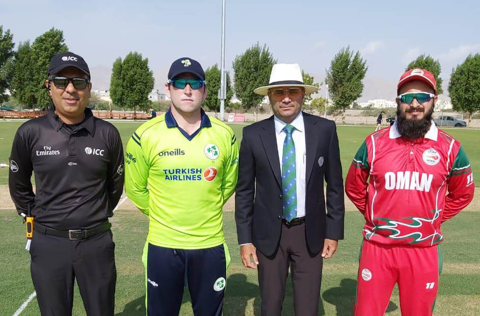 Oman and Ireland captains at the toss with match officials